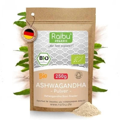 Abbildung von Raibu Bio Ashwagandha Pulver 250g Withania somnifera 100% Rein, Wurzel Indischer Ginseng in hochwertiger Qualität Ohne Zusätze, produziert Deutschland