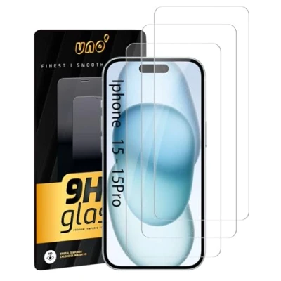 Abbildung von UNO‘ 2 x Displayschutz aus gehärtetem Glas, kompatibel mit iPhone 15 und Pro (6.1), ultrawiderstandsfähiges transparentes gehärtetes blasenfrei, 9H, Anti Fingerabdruck, kratzfest.