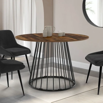 Abbildung von Table à manger ronde YUNA 4 6 personnes plateau bois foncé HAWKINS et noir 110 cm IDMarket
