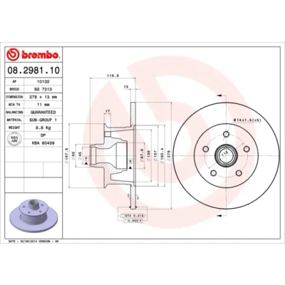 Abbildung von BREMBO 08.2981.10 Bremsscheibe 278 13 5 voll VOLKSWAGEN: TRANSPORTER 3 Bus, Pritsche/Fahrgestell, Kasten