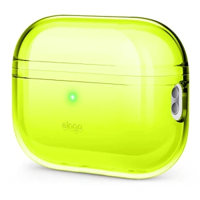 Abbildung von elago Clear Case Hülle Kompatibel mit Apple AirPods Pro 2. Generation Schutzhülle, Stoßfest, Inklusive Gel Tape, Kabelloses Aufladen, Reduziert Vergilbung (Neon Gelb)
