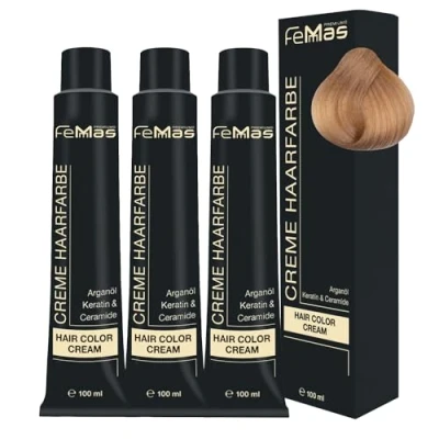 Abbildung von FemMas Haarfarbe 3x Hell Lichtblond Schokolade 10.99 I Professionelle Creme mit Arganöl, Keratin &amp; Ceramiden dauerthafte Haarfärbung oder Tönung für strahlende Farbergebnisse 100 ml