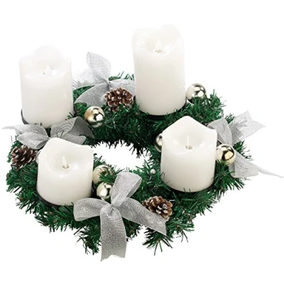 Abbildung von Britesta Fertiger Adventskranz: Adventskranz, silbern, 4 weiße LED Kerzen mit bewegter Flamme (Weihnachtskranz Kerzen, Adventskränze ohne Echte Kabellose Weihnachtskerzen)
