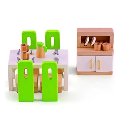Abbildung von Hape E3454 Esszimmer, grüne Stühle/weißer Tisch/Schrank mit weißen Türen