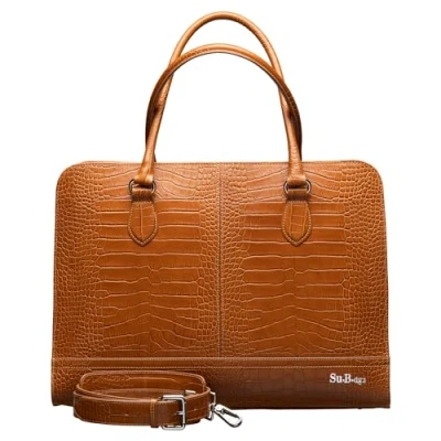 Abbildung von Su.B Laptoptasche 13 Zoll und 14 für Damen, Umhängetasche aus Spaltleder mit Kroko Print, Schulterriemen Kofferband Braun