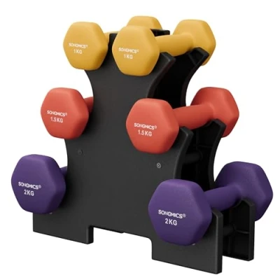 Abbildung von SONGMICS Kurzhantel Set, Hexagon, mit Hantelständer, 2 x 1 kg, 1,5 mattes Finish, Neopren Beschichtung, Krafttraining, zu Hause, limettengrün, gelb, orange und lila SYL69BK