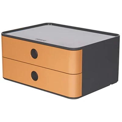 Abbildung von HAN Schubladenbox Allison SMART BOX mit 2 Schubladen und Trennwand, Kabelführung, stapelbar, Utensilienbox für Büro, Schreibtisch Küche, möbelschonende Gummifüße, 1120 83, hochglänzend caramel brown