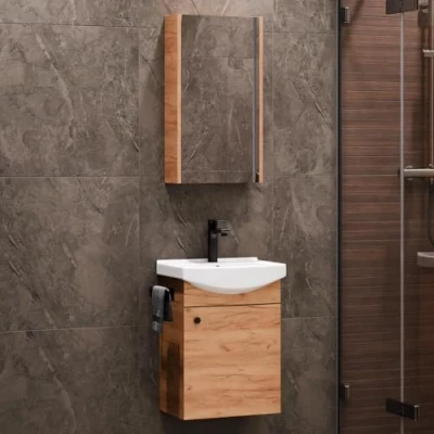 Abbildung von Planetmöbel Badmöbel Set aus Waschtisch + Waschbecken Spiegelschrank, Gäste Bad WC, Farbe Gold Eiche