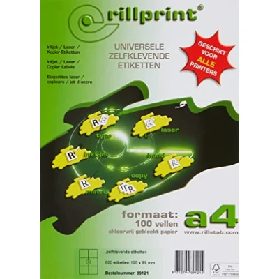Abbildung von Rillprint Vielzweck Etiketten Selbstklebend 600 Stück 105 x 99 mm 6 Klebeetiketten pro A4 Blatt Bedruckbar &amp; Abziehbar Universal Adressaufkleber 100 Blatt, Weiß