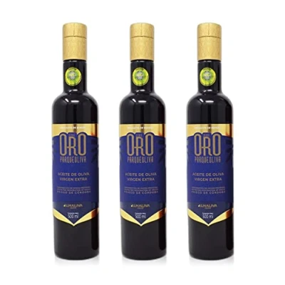 Abbildung von PARQUEOLIVA SERIE ORO Natives Olivenöl Extra (Sorten Hojiblanca und Picuda) Verpackung mit 3 Flaschen à 500 ml