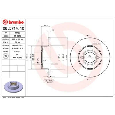 Abbildung von BREMBO 08.5714.10 Bremsscheibe 256 13 4 voll AUDI: 80 B4 Limousine, Avant