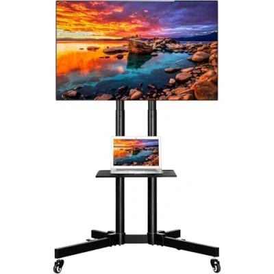Abbildung von Yaheetech TV Ständer rollbar, mobiler Bodenständer, Standfuß für Fernseher 32 75 Zoll, höhenverstellbarer Fernsehstand mit Doppelstangen &amp; Ablage, Max. VESA 600 x 400 mm