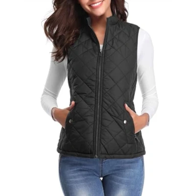 Abbildung von fuinloth Damen Weste, Leichte Steppweste Westen mit Reißverschluss Stehkragen Ärmellos Jacke Schwarz M
