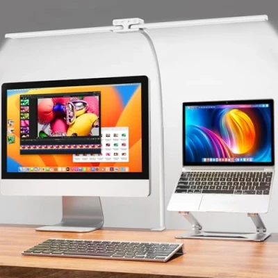 Abbildung von EppieBasic 24W Doppelkopf Schreibtischlampe LED Dimmbar, 80cm Groß Klemmbar mit Touch, Augenschutz Schwanenhals Büro Tischlampe, Monitor Lampe, Automatisch dimmen, Timer Weiß
