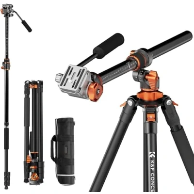 Abbildung von Kamera Stativ,K&amp;F Concept Videostativ Video Tripod mit Fluidkopf,231cm Stativ 90 Mittelsäule und Abnehmbarem Einbeinstativ, Aluminium Reisestativ T254A7+FH 03 für DSLR, Camcorder, Kameras