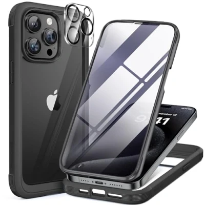 Abbildung von Miracase 360 Grad für iPhone 15 Pro Hülle mit Eingebaut Glas Schutzfolie und Kameraschutz, Stoßfest Komplettschutz Handyhülle Zubehör Schutzhüllen, Schwarz