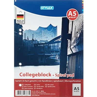Abbildung von Stylex 43887 P6 Collegeblock mit Spiralbindung, kariert, DIN A5, 80 Blatt 60 g/m² Grammatur, 6 Stück