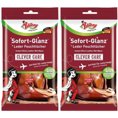 Abbildung von POLIBOY Sofort Glanz Leder Feuchttücher Reinigungstücher für unterwegs perfekt Schuhe &amp; Taschen 2er Pack 2x10 Tücher Made in Germany