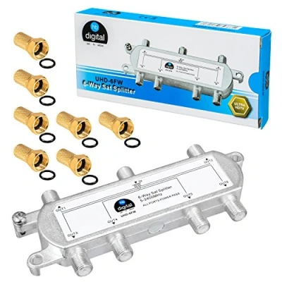 Abbildung von HB digital SAT BK UKW Verteiler 6 Fach Splitter (6 Wege) 5 2400 MHz &amp; analog tauglich voll geschirmt DVB S S2 FM Kabelfernsehen C inkl. 7 passende F Stecker