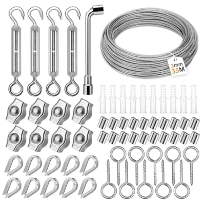 Abbildung von USHOP Drahtseil Edelstahl Set 66pcs,35m/3mm Stahlseil für Rankhilfe mit M5 Spannschloss Seilspanner,304 Spanndraht,Drahtseilklemme,Ösenschraube,Drahtseil Set,Alu Seilklemmen