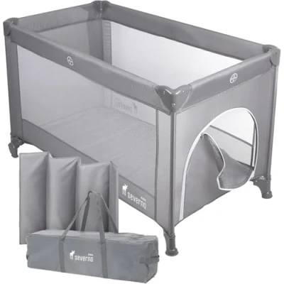 Abbildung von Severno Babybetten, Reisebetten, Baby Reisebett, Kinderreisebett, Laufstall, für Babys und Kinder ab Geburt bis 15 kg, Kompakt Faltbar, Rollen Transporttasche, Honey Bunny grau, 120x60 cm