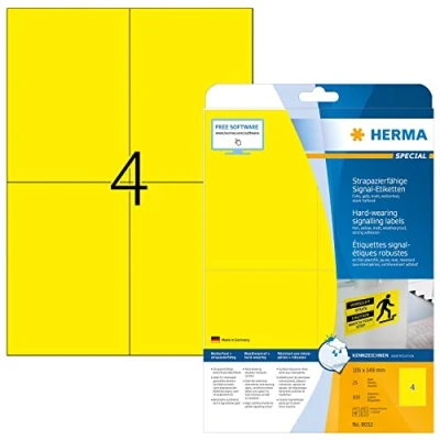 Abbildung von HERMA 8032 Wetterfeste Folienetiketten, 25 Blatt, 105 x 148 mm, 4 pro A4 Bogen, 100 Stück, selbstklebend, bedruckbar, matt, blanko Outdoor Signal Etiketten Aufkleber aus Folie, gelb