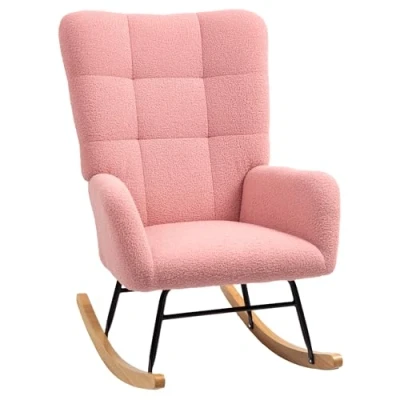 Abbildung von HOMCOM Schaukelstuhl, Schaukelsessel mit Armlehne, Teddysamt Optik, Relaxsessel Holzkufen, Schwingsessel Stillsessel für Schlafzimmer, Wohnzimmer, Rosa