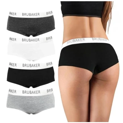 Abbildung von BRUBAKER 4er Pack Damen Panties Unterhosen Slips aus Baumwolle Hipster Unterwäsche mit Stretch Bund Schwarz, Grau und Weiß XS