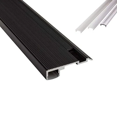 Abbildung von B WARE T STA LED Alu Treppenprofil Treppenwinkel Profil Stufen schwarz + Abdeckung Abschlussleiste Fliesen für Streifen Strip 1m opal