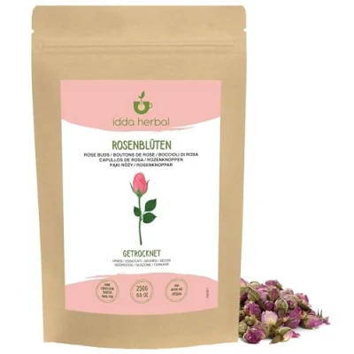 Abbildung von Rosenblüten getrocknet (250g), Rosenblütentee, Rosenblätter, 100% Natürlich und rein Rosenknospen für die Zubereitung von Kräutertee Rosenknospentee