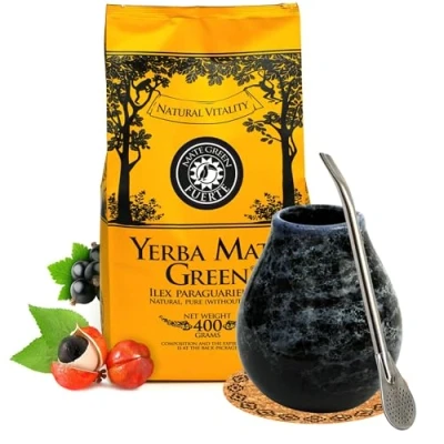 Abbildung von Yerba mate tee Starter Set mit Green Fuerte 400g ● Keramik becher Marmol 350ml Brasilianischer Matetee Kräutern Edelstahl trinkhalm Bombilla Liza und Korkpad