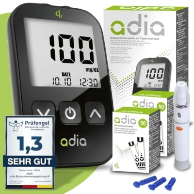 Abbildung von adia Diabetes Set: Blutzuckermessgerät (mg/dl) mit 110 Blutzuckerteststreifen 1 St