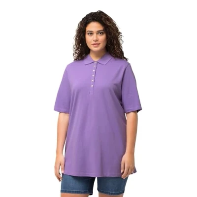 Abbildung von Ulla Popken Damen große Größen Übergrößen Plus Size Poloshirt, Piqué, Polokragen, Samt Knopfleiste, Halbarm blaues Flieder 66+ 637297811