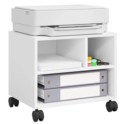Abbildung von WOLTU Druckertisch mit Rädern, mobiler Druckerständer, Druckerhalter, Druckerwagen auf Rollen, Bürocontainer rollbar, Aktenwagen, 3 Fächern, für Büro Arbeitszimmer, 40x35x30 cm, weiß, ASK06ws