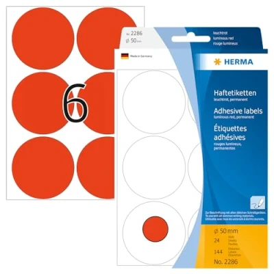 Abbildung von HERMA 2286 Punktaufkleber Klebepunkte leuchtrot, 144 Stück, Ø 50 mm, 6 pro Bogen, selbstklebend, Markierungspunkte für Kalender Planer Basteln, matt, blanko Papier Farbpunkte Aufkleber