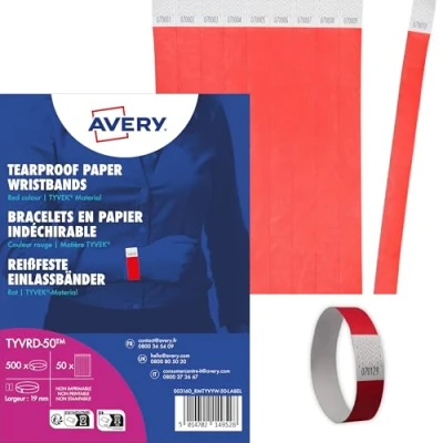 Abbildung von AVERY Zweckform TYVRD 50 Einlassbänder Tyvek 500 Stück (256x19mm, fortlaufend nummeriert, reiß und wasserfest, sicherer Klebeverschluss, Eintrittsbänder, Event Armbänder, Securebänder) neonrot