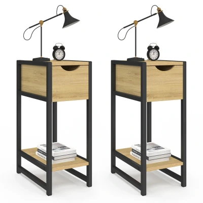Abbildung von 2er Set Nachttische aus Holz und schwarzem Metall 1 Schublade Ablage im Industriestil IDMarket