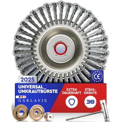 Abbildung von GARLAVIE Profi Unkrautbürste Freischneider mit 25,4mm Bohrung Hochwertige Wildkrautbürste für Motorsense Drahtbürste effektive Moosentfernung, Silber