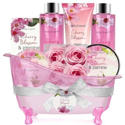 Abbildung von BODY &amp; EARTH 8 tlg. Spa Geschenkset Frauen, Kirschblüten und Jasmin Duft,Schaumbad,Duschgel,Badesalz,Bodylotion, Geburtstagsgeschenk für Geschenke Frauen,Mama,Freundin, weihnachtsgeschenke