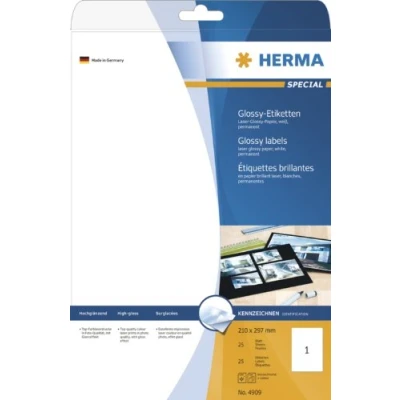 Abbildung von HERMA 4909 Hochglanz Etiketten, 800 Blatt, 210 x 297 mm, 1 pro A4 Bogen, Stück, selbstklebend, bedruckbar, glänzend, blanko Glossy Papier Klebeetiketten Aufkleber, weiß