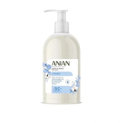Abbildung von ANIAN Dermo Handseife, 500 ml, für alle Hauttypen, mit Baumwollblüte und Glycerin, reinigt spendet Feuchtigkeit, feine Pflege, + 95% Inhaltsstoffe natürlichen Ursprungs