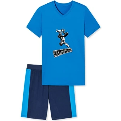 Abbildung von in One Clothing Jungen Schlafanzug kurz, weicher Single Jersey aus 100% Baumwolle, mit Motivdruck und Hose Bermuda Form Skateboard Motiv blau Grösse 176