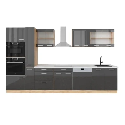 Abbildung von Vicco Küchenzeile R Line, Anthrazit Hochglanz/Goldkraft Eiche, 350 cm mit Hochschrank, AP Marmor