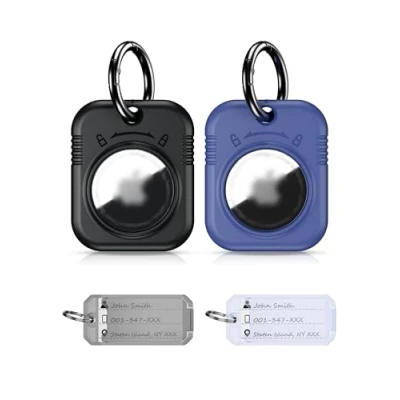 Abbildung von PROfezzion AirTag Halter Schutzhülle mit Schlüsselring, Tag &amp; Etikettenpapier, Einhandbedienung, für Hundehalsband, Autoschlüssel, Rucksack, Kindertasche, Koffer (Schwarz+Blau)
