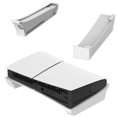 Abbildung von Buziba Horizontaler Ständer für PS5, schlanker Sockel, Schreibtischständer, kompatibel mit Playstation 5 Slim Konsolenzubehör, Disc und digitalen Editionen (weiß)