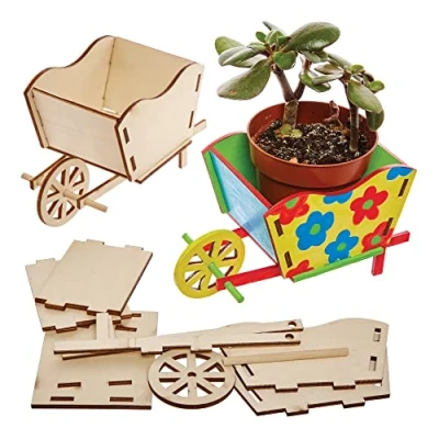 Abbildung von Baker Ross FX584 Schubkarre Holzblumentopf Sets 3er Packung, Bemalen Sie Ihren eigenen Blumentopf