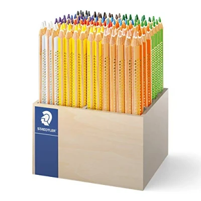 Abbildung von STAEDTLER Buntstift Noris jumbo, erhöhte Bruchfestigkeit, Dreikantform, ABS System, attraktive Sternchenprägung, kindgerecht nach EN71, Made in Germany, 112 Buntstifte im Display, 128 CA112