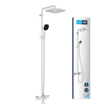 Abbildung von GROHE Vitalio 250 Duschsystem mit Wannenarmatur wassersparend 8l pro Min (2 Strahlarten, schwenkbarer Kopfbrausearm, Sicherheitssperre bei 38C, Antikalk System), eckig, chrom, 26984001