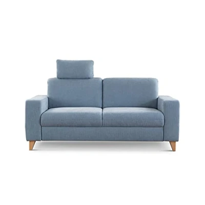 Abbildung von CAVADORE 2,5 Sitzer Sofa Lotta / Skandinavische 2,5er Couch mit Federkern, Kopfstütze und Holzfüßen 183 x 88 Webstoff, Hellblau