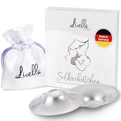 Abbildung von Livella Silberhütchen aus 999er Silber Made in Germany Hilfe bei gereizten Brustwarzen Unterstützt feuchte Wundheilung beim Stillen Wochenbett Stillhütchen (2 Stück) für Brustschutz